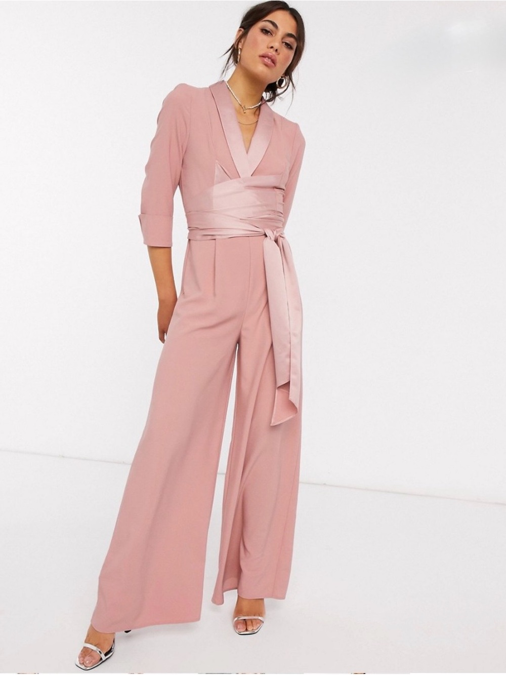 ASOS DESIGN Blush Pink Satin Trim Wide Leg Jumpsuit US 4 NWOT